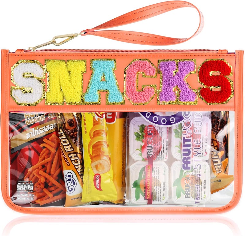 TESAFNG Snack Bag for Travel - Clear Chenille Varsity Letter Flat Pouch with Zipper, 12.2×8.46 inch Waterproof Clear Nylon Preppy Patch Makeup Cosmetic tote Bags for Women Girls - Image 1